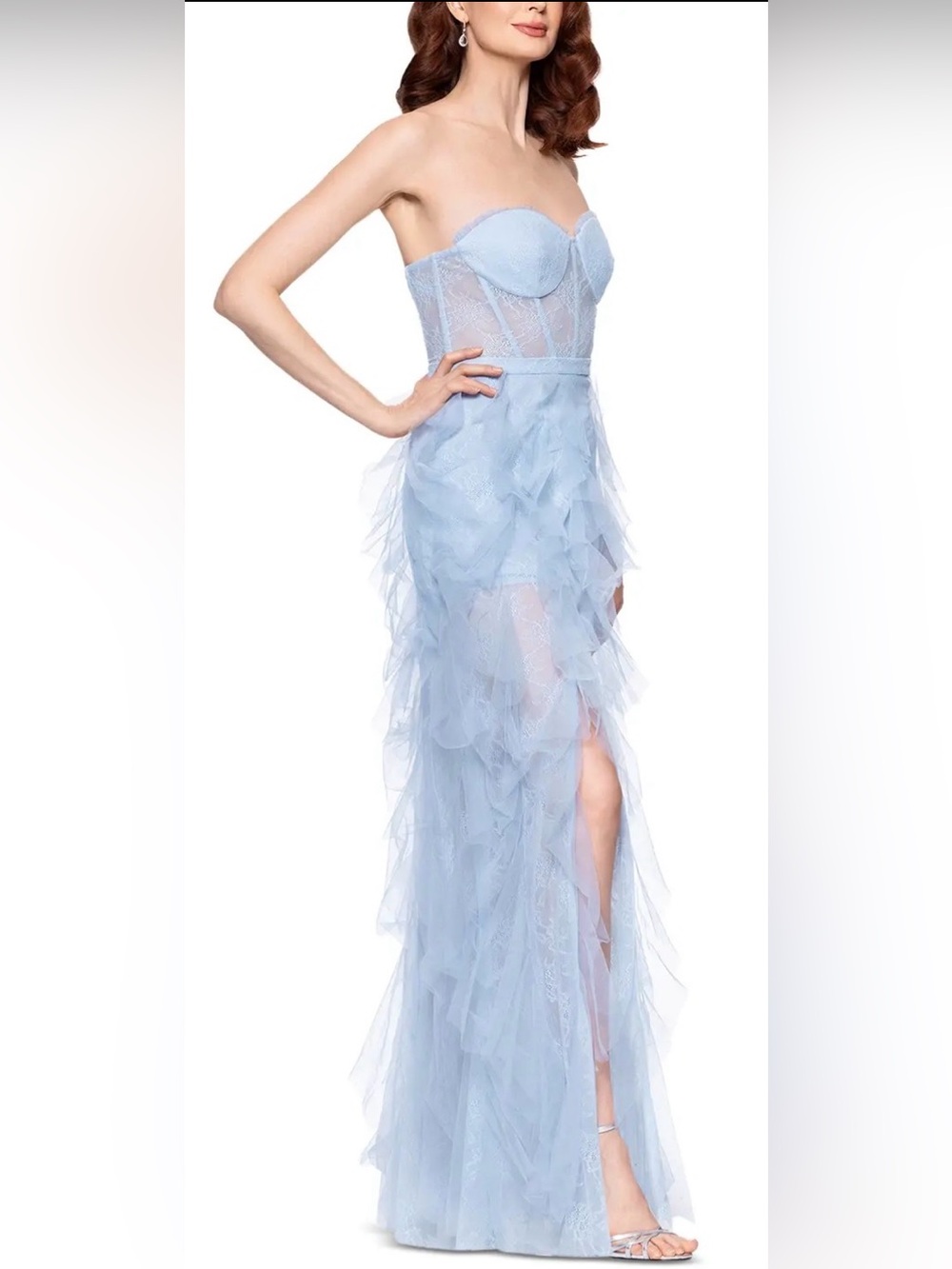 Aqua Strapless Light Blue Ruffled High-Slit Tulle Gown